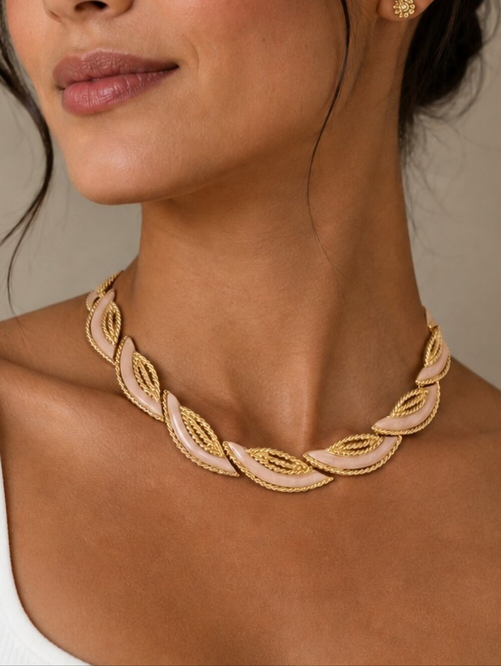 Vintage Trifari Gold Tone Collar Necklace With Pink Swirl Enamel